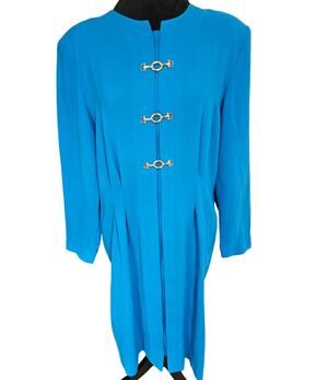 Vintage 80s 90s Debra Michaels Blue Dress Size 12 Gold Hardware Long Sleeve